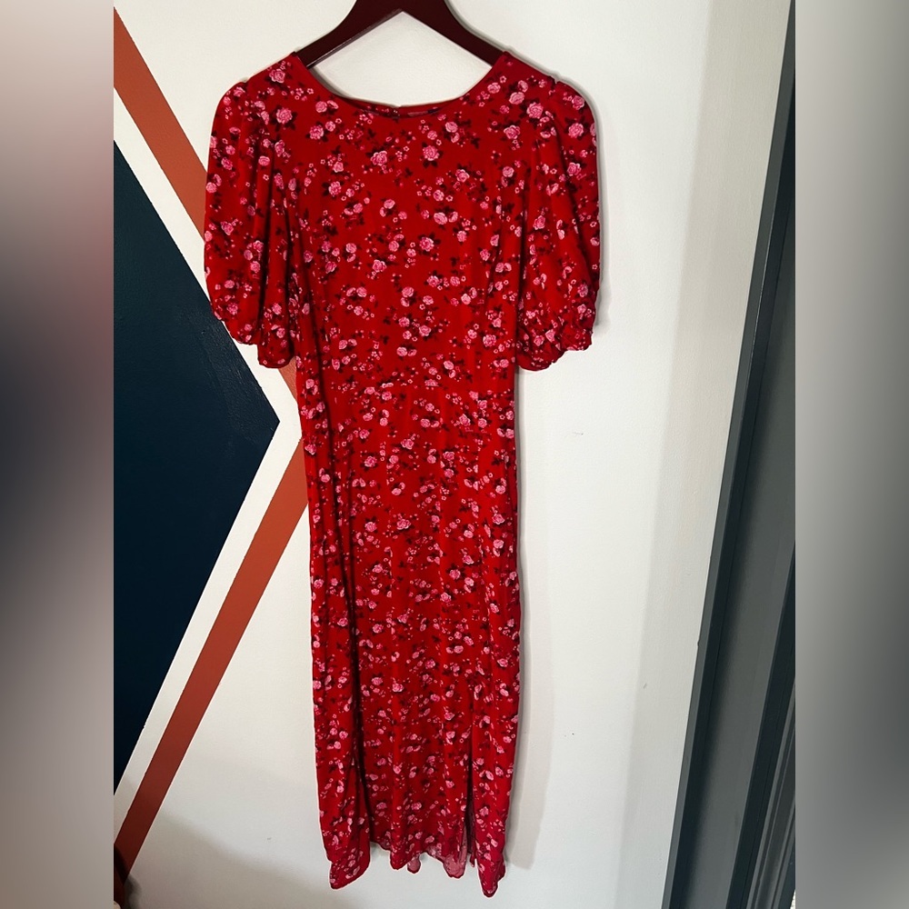 Old Navy Red Floral Midi Dress with Puff Sleeves Wedding Guest Garden